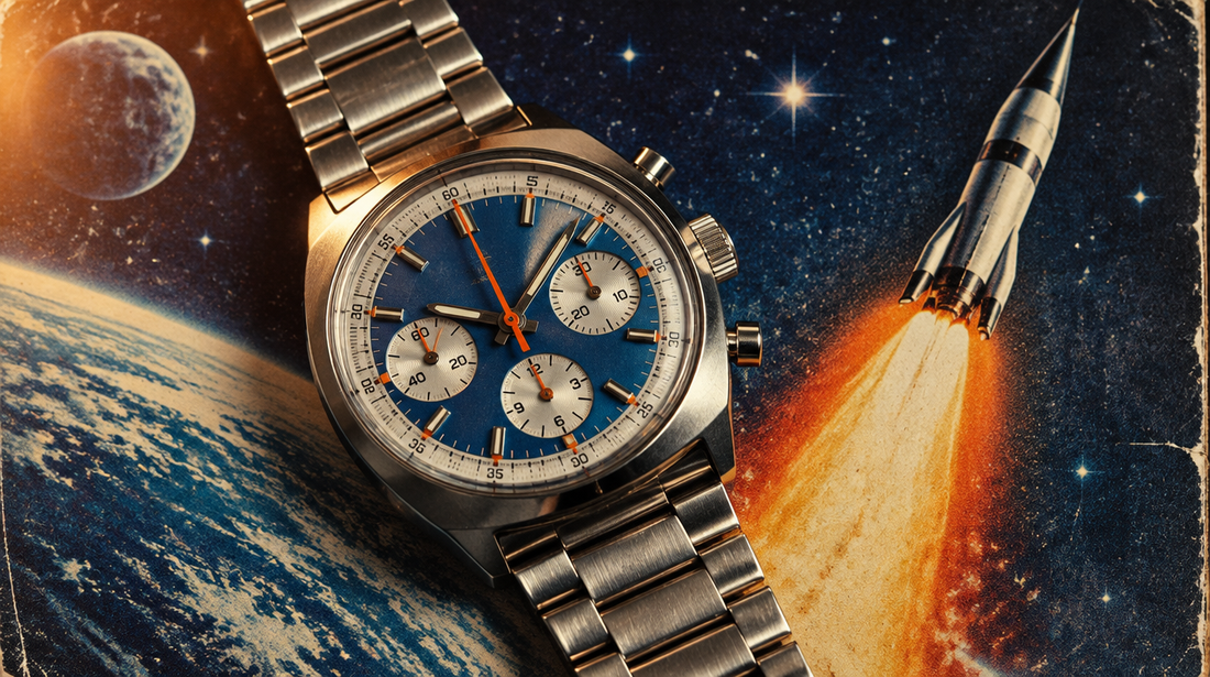 1970s automatic chronograph with a blue and silver dial and orange accents against a starry background