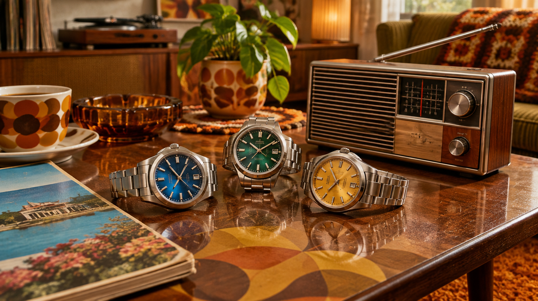 1970s Japanese automatic wristwatches with colourful sunburst dials on a retro coffee table