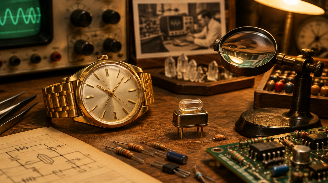 Gold quartz wristwatch on a vintage electronics workbench with a quartz crystal and magnifier
