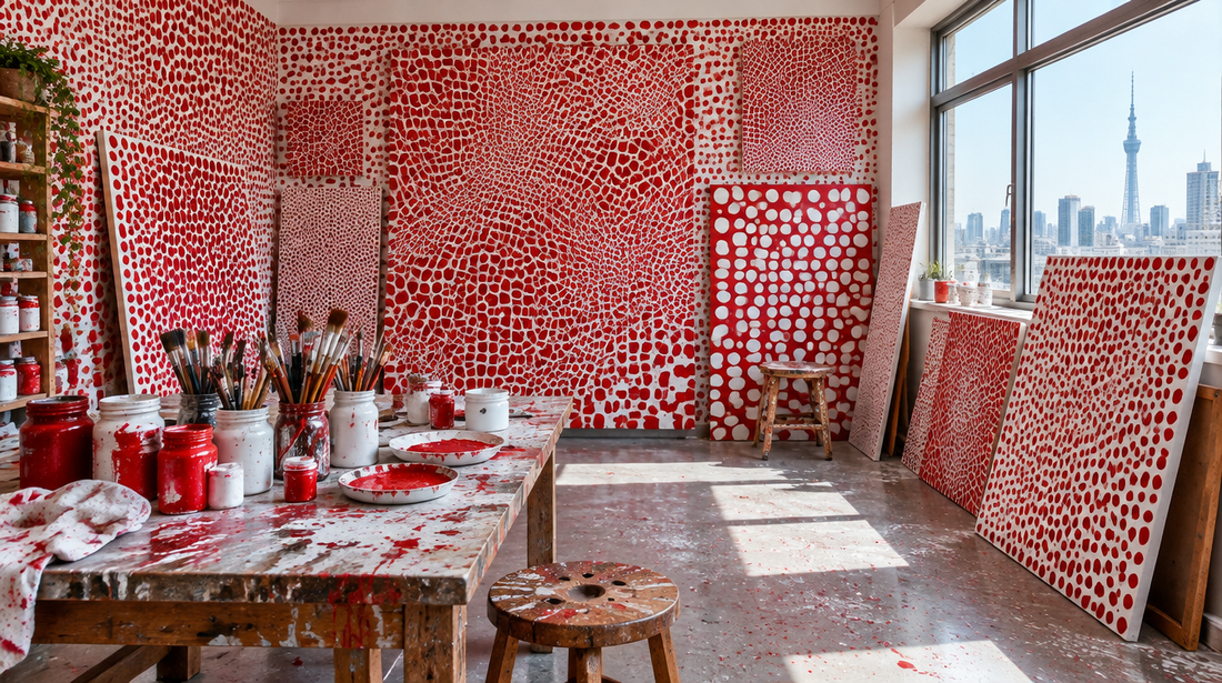 Artist's studio with canvases covered in dense red and white dot and net patterns