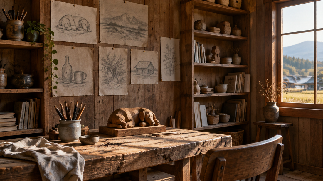 Rustic artist's studio in rural Japan with pinned pencil sketches and a small carved sleepy dog