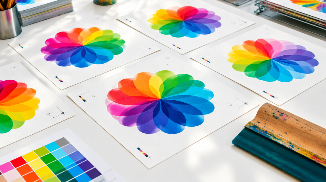 Colourful round rainbow-petal flower prints laid out on a white print studio table