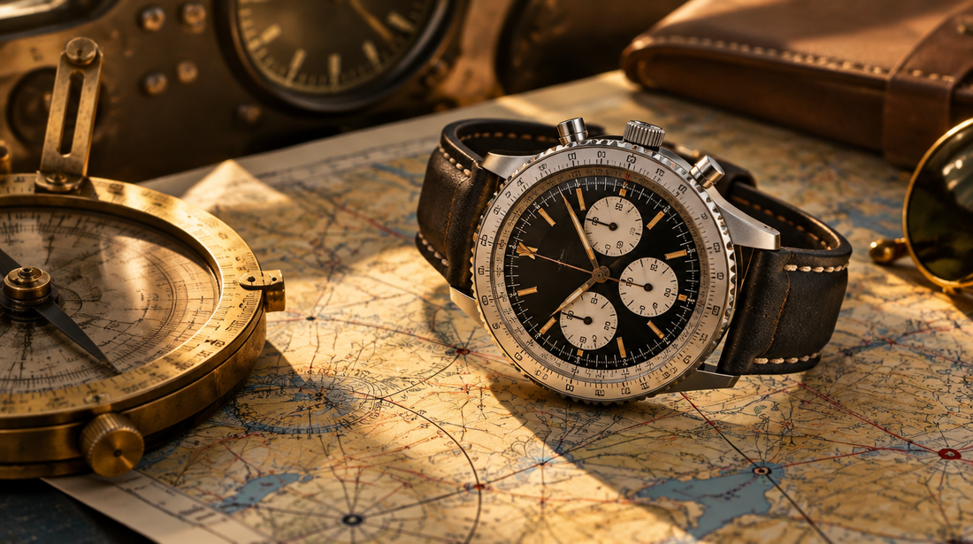 Steel pilot's chronograph with slide-rule bezel on a vintage aviation map with a brass instrument