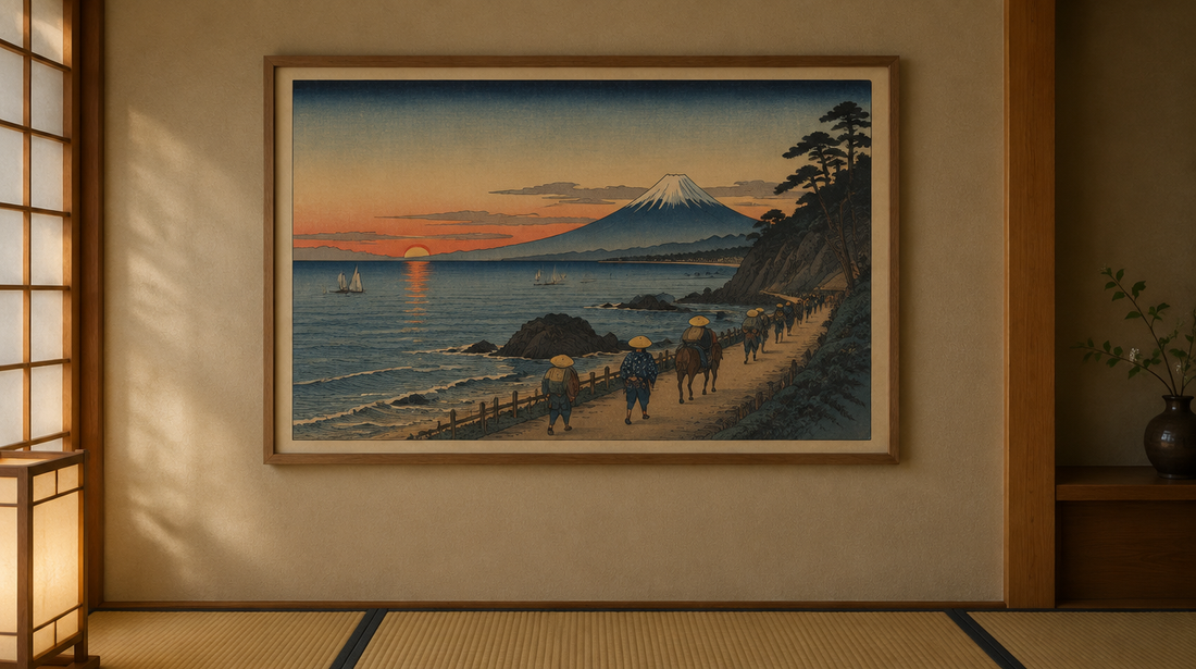 Edo-style landscape print of travellers on a coastal road at dusk with Mount Fuji, framed in a tatami room