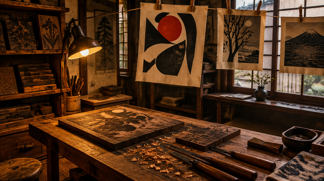 Printmaker's studio with carved woodblocks, carving knives and a bold abstract print drying