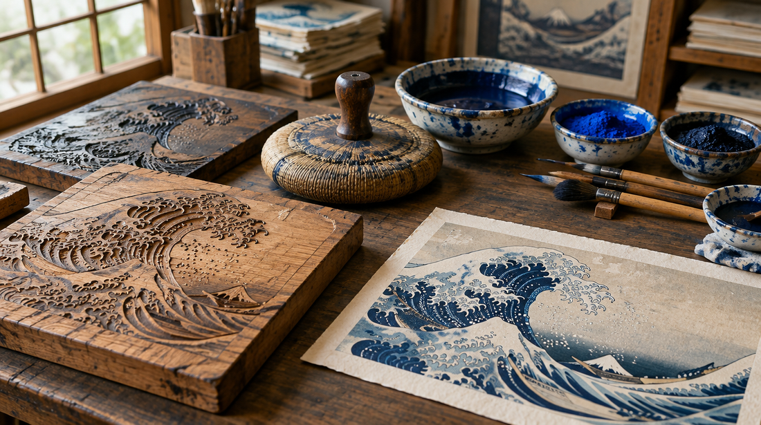 Woodblock printing workshop with carved blocks, baren and blue pigments beside an Edo-style wave print