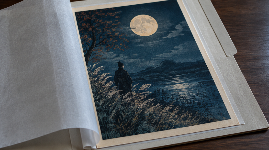 Meiji-style woodblock print of a lone figure under a full moon in an archival folder
