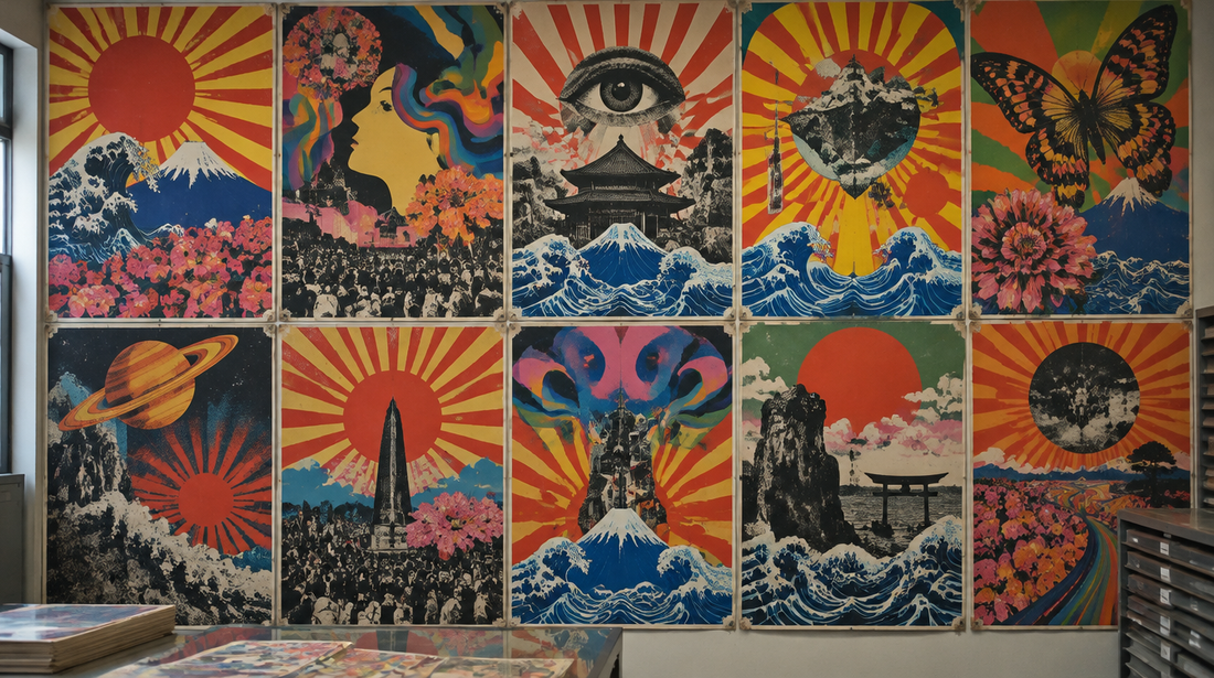 Wall of 1960s Japanese psychedelic silkscreen posters with rising sun rays and waves