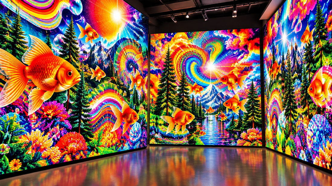 Psychedelic pop collage panels with goldfish, pine trees and rainbow swirls in a gallery
