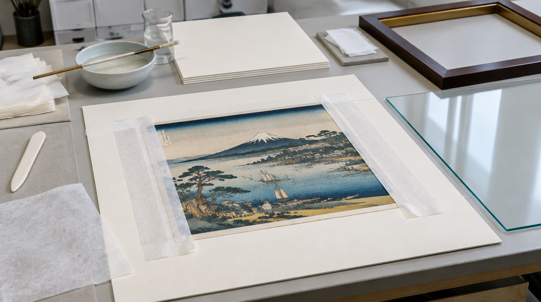 Conservator hinging a woodblock print into an acid-free mat with Japanese tissue and starch paste