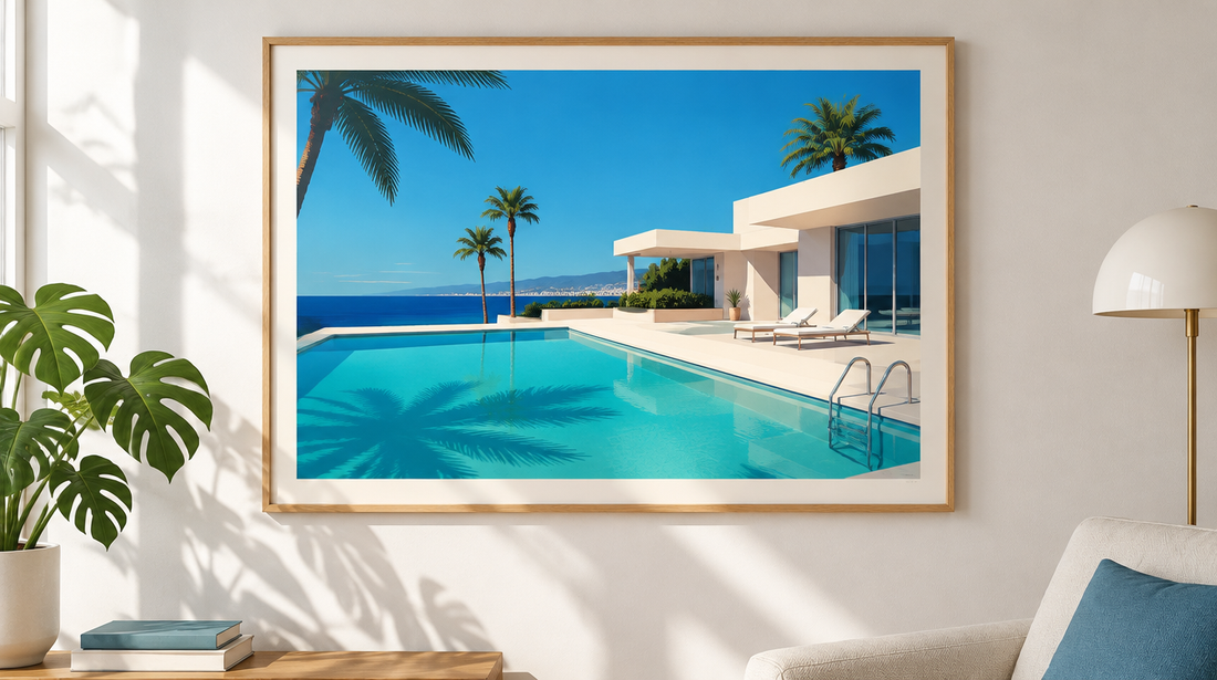City-pop style illustration of a turquoise pool, palm shadows and a white villa under blue sky