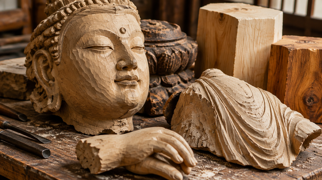 Carved Buddhist statue fragments and blocks of hinoki and kaya showing grain and chisel marks