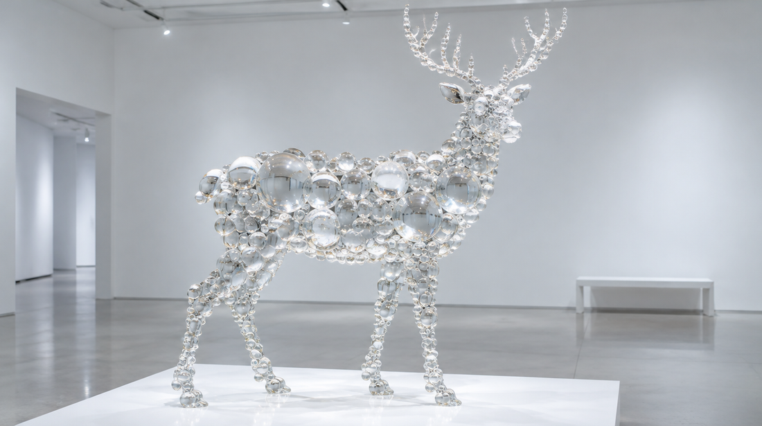 Deer sculpture covered in transparent glass spheres in a white gallery