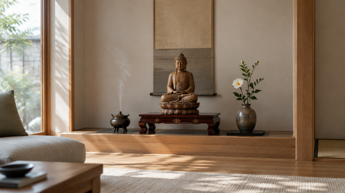 A carved wooden Buddhist figure on a low stand in a quiet room with soft side light