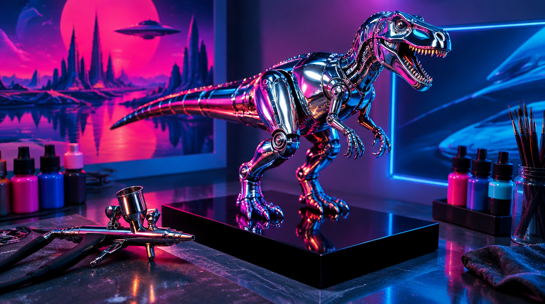 Chrome-plated robot dinosaur sculpture reflecting neon lights on a black plinth beside an airbrush