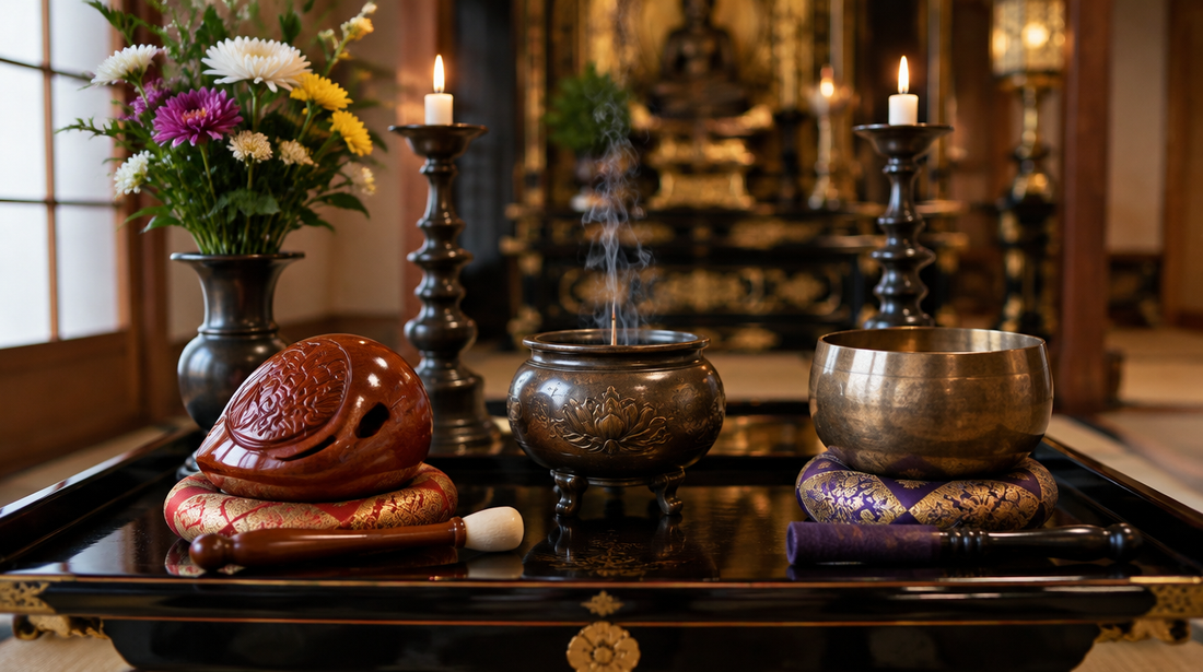Bronze altar implements including a bowl-shaped bell on a cushion, an incense burner and candle stands