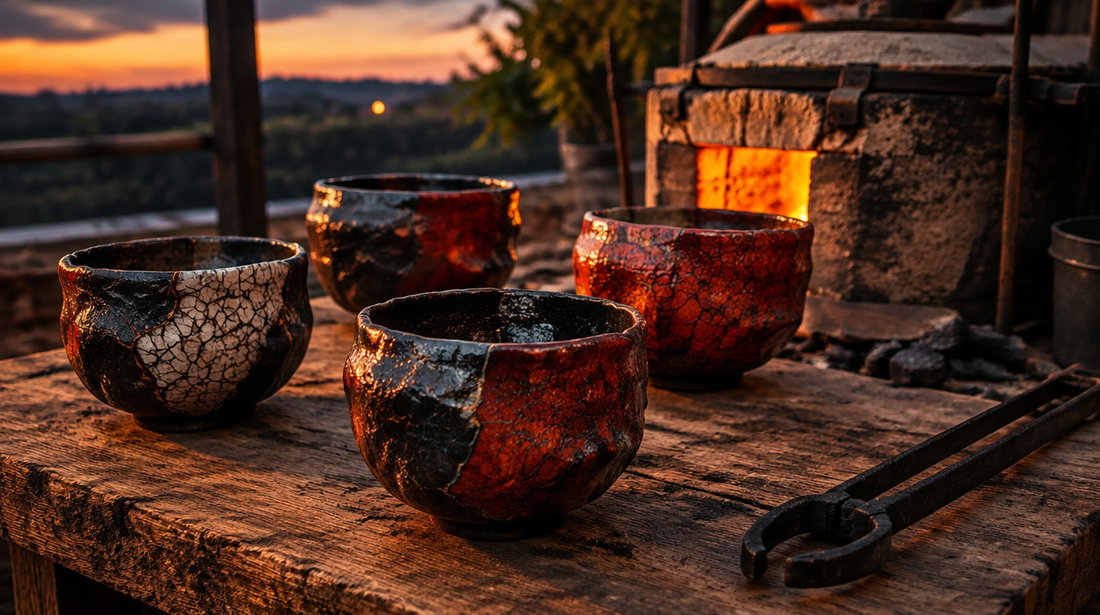 A hand-built black glazed tea bowl and a red glazed tea bowl on a wooden board