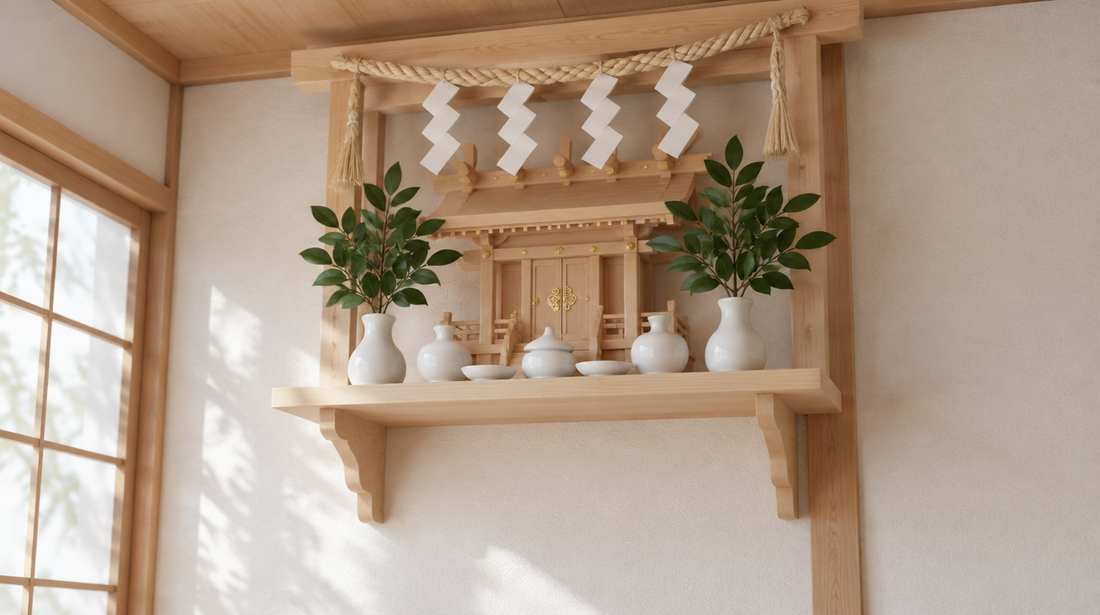 A small wooden household shrine of pale cypress on a high shelf with sakaki branches and white offering vessels