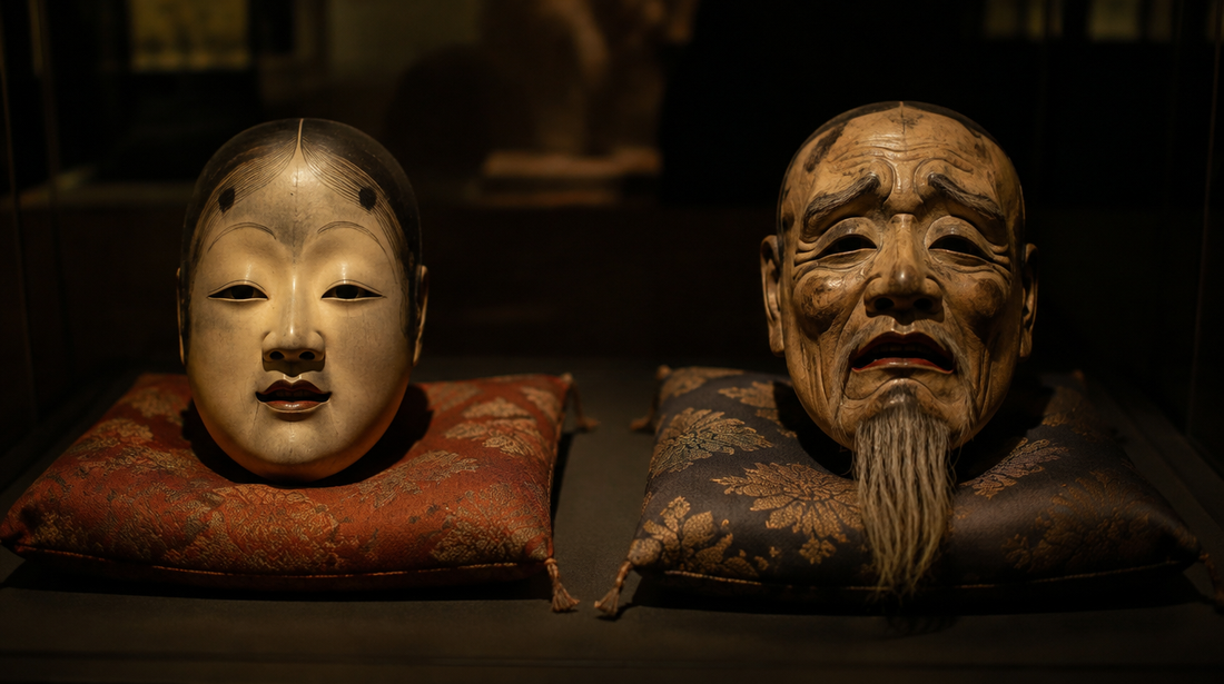 Carved and painted Japanese theatre masks of a serene woman and a horned demon on dark silk