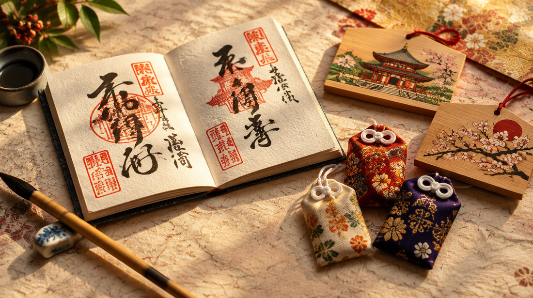 An open folding book of red seal stamps and brush calligraphy beside small silk amulets and a wooden plaque