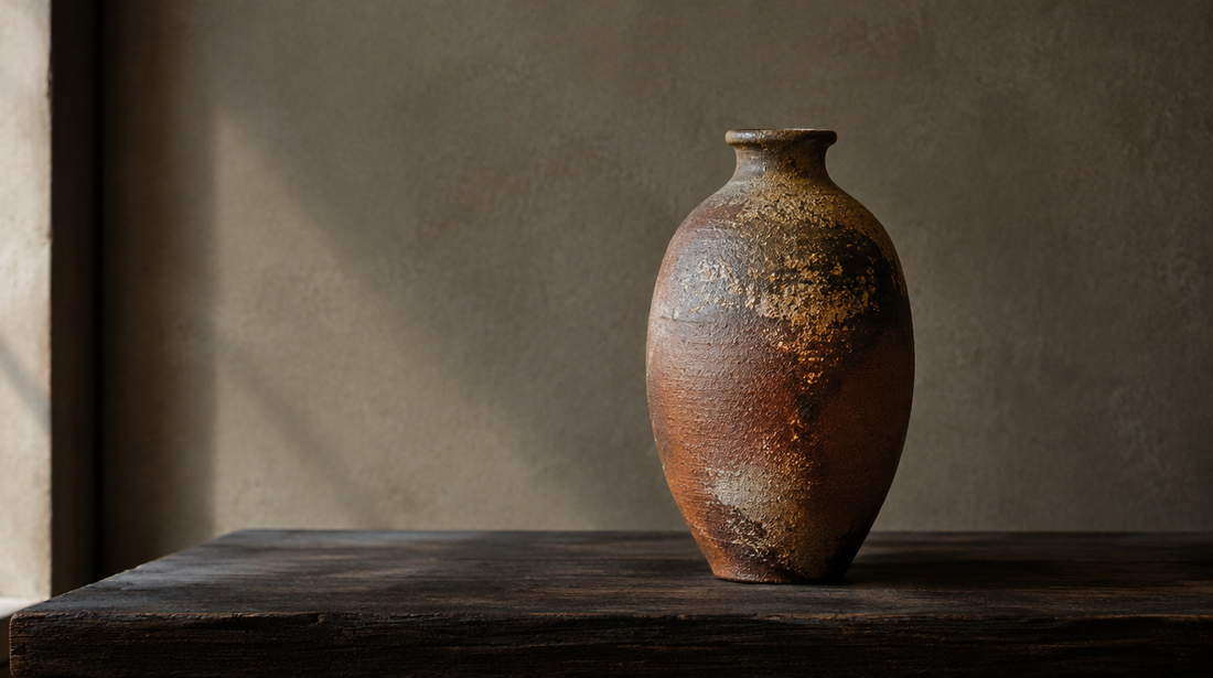 An unglazed reddish-brown stoneware vase with golden ash speckles on a dark wooden plank