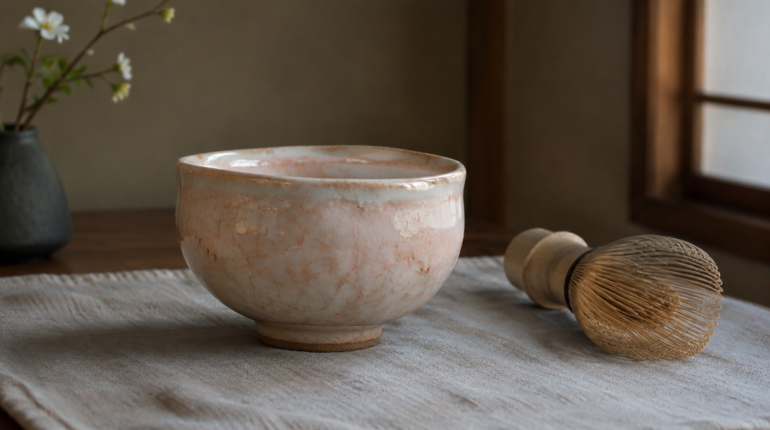 A pale pink-white glazed tea bowl with fine crackle beside a bamboo whisk on linen
