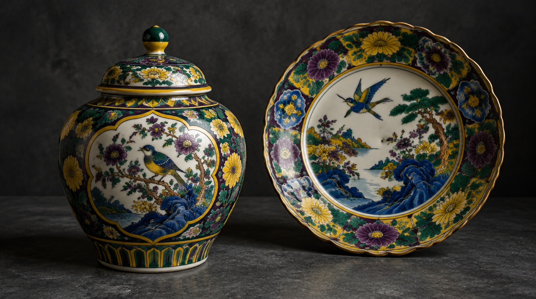 A lidded Kutani porcelain jar and dish painted with birds, flowers and waves in green, yellow, purple and blue