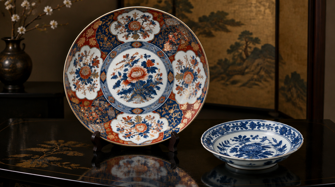 A large Imari charger in underglaze blue, iron red and gold beside a small blue-and-white porcelain dish