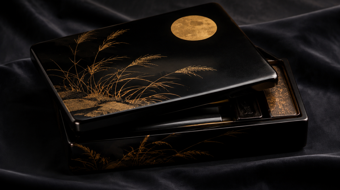 A black lacquer writing box decorated in gold maki-e with autumn grasses beneath a full moon