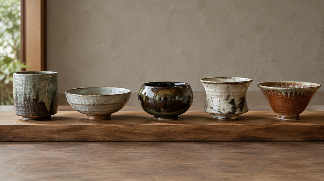 Five Japanese tea bowls of different shapes and glazes lined up on a wooden shelf