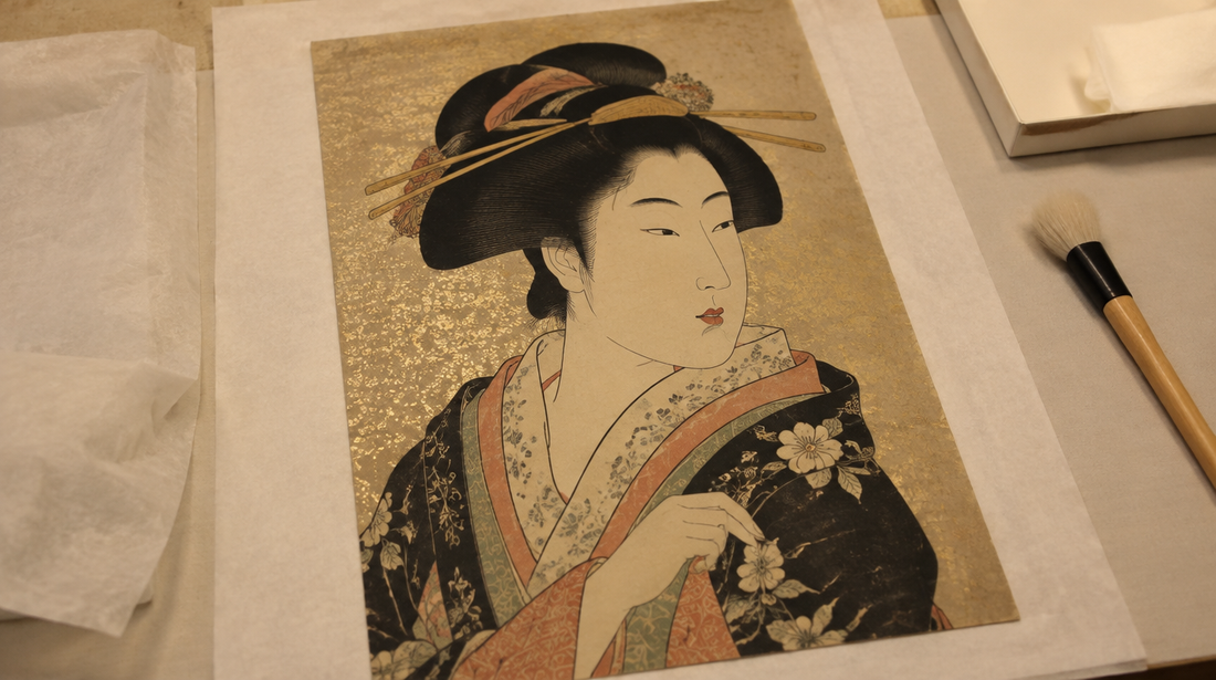 An Edo-period style woodblock print of a courtesan in half-length portrait on a conservator's table with tissue and a soft brush