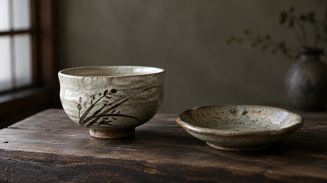 A Karatsu stoneware tea bowl painted with a simple grass design beside a speckled dish on a weathered wooden board