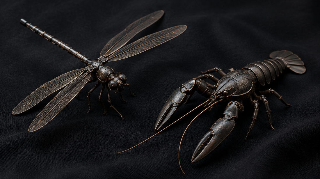 An articulated iron dragonfly and an articulated metal crayfish with finely jointed segments on dark silk