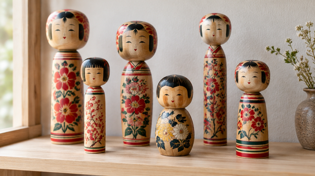 A group of traditional Japanese kokeshi wooden dolls in different regional styles on a pale wooden shelf