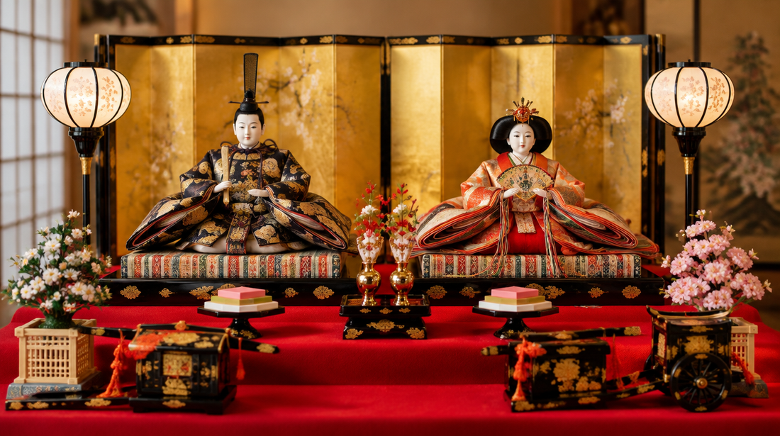 A Japanese hina doll display with an emperor and empress pair in silk court robes on a red-carpeted stand before a gold screen