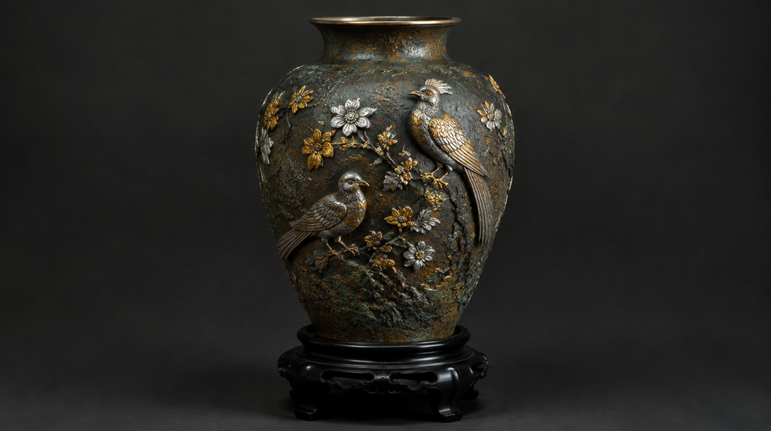 A Meiji-period patinated bronze vase with high-relief birds and inlaid gold and silver on a dark wooden stand
