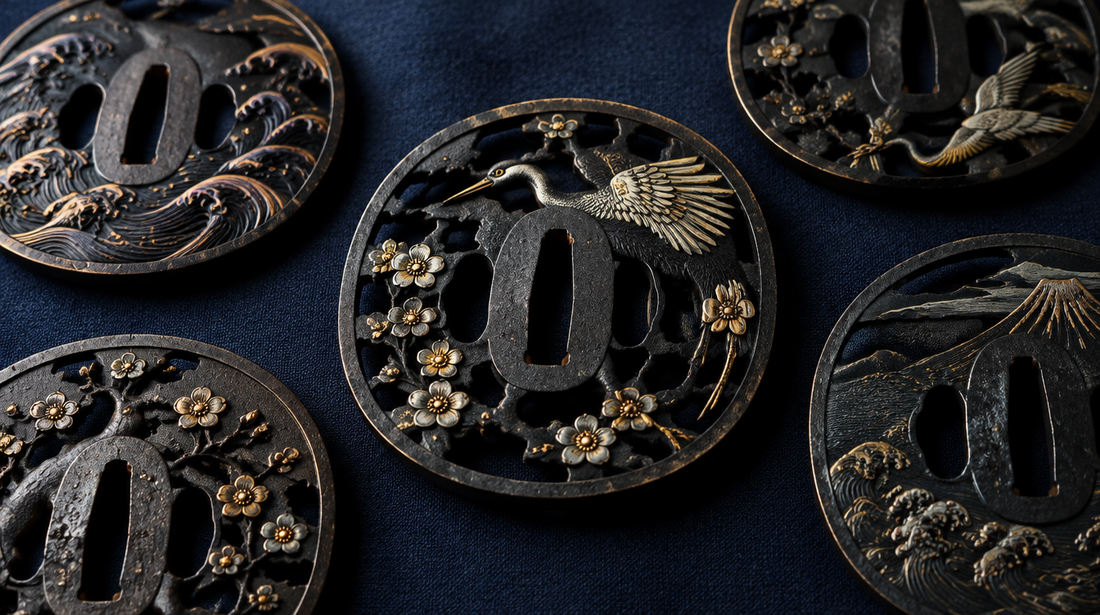 Several antique Japanese iron and soft-metal tsuba sword guards with pierced and inlaid designs on dark indigo cloth