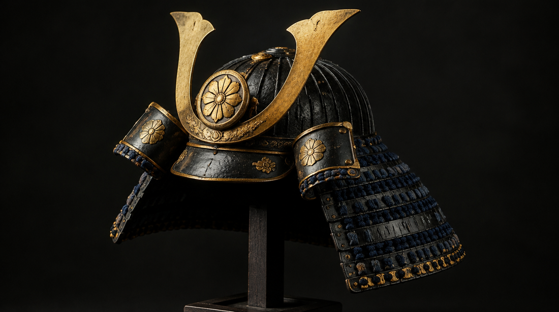 An Edo-period samurai kabuto helmet with a lacquered iron bowl, neck guard laced in dark blue silk and a gilt crest