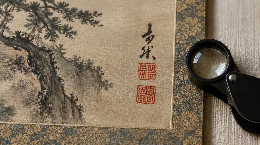 The corner of a Japanese ink painting on silk with a brushed signature, two red seal impressions and a magnifying loupe
