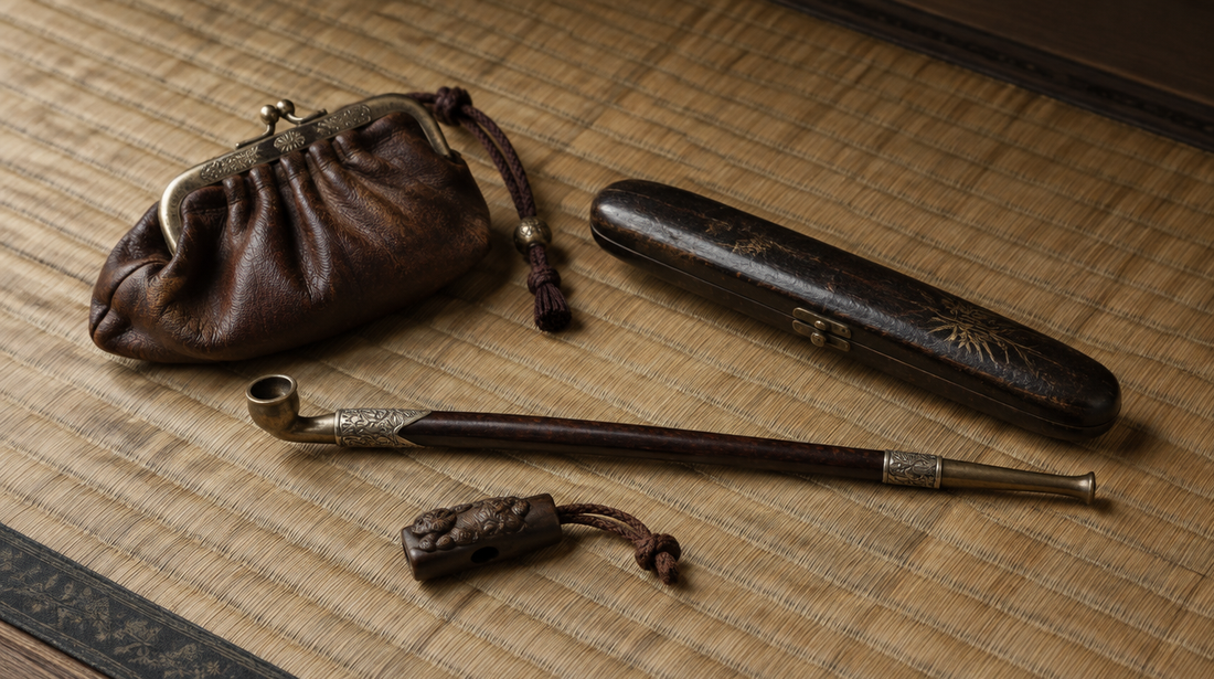 A Japanese leather tobacco pouch with metal clasp, a slender kiseru pipe with silver mounts and a pipe case on aged tatami
