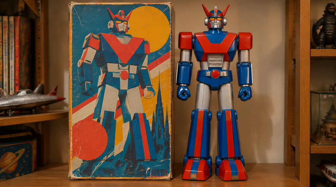 A tall vintage-style giant plastic toy robot in red, blue and silver beside its worn cardboard box on a collector's shelf