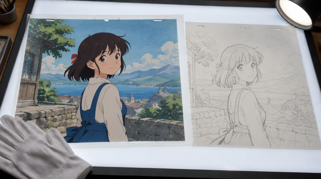 A hand-painted animation cel of an original anime-style character over its background on a light box, with a pencil drawing and cotton gloves