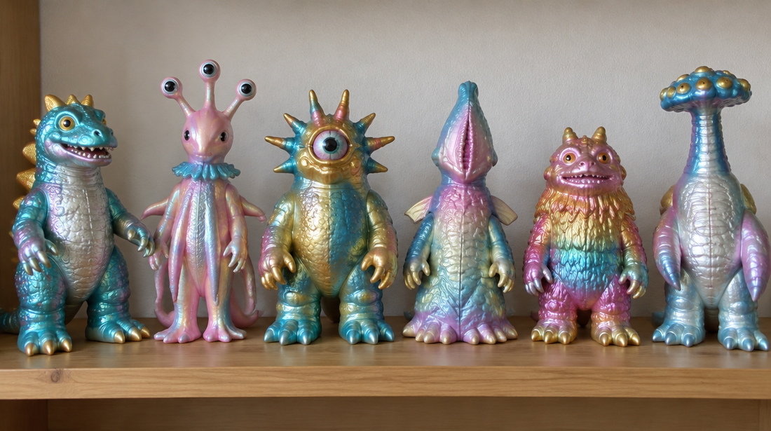 A row of colourful vintage-style Japanese soft vinyl monster toys of original designs on a wooden shelf