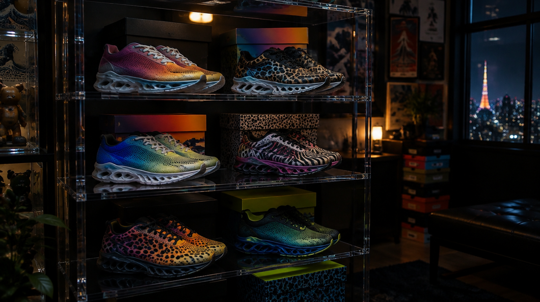 Rare collectible sneakers with gradient and animal-print panels on acrylic shelves with their boxes in a Tokyo collector's room