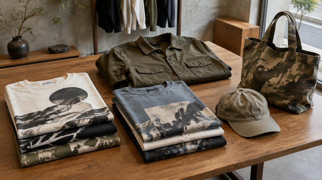 Folded vintage-inspired graphic t-shirts, a workwear jacket, a cap and a camouflage tote on a wooden table in a Tokyo boutique