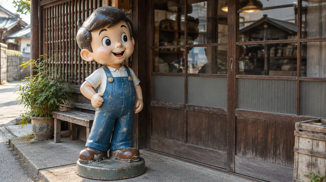 A life-size vintage fibreglass shop mascot figure of an original cartoon boy outside a Showa-era Japanese shopfront