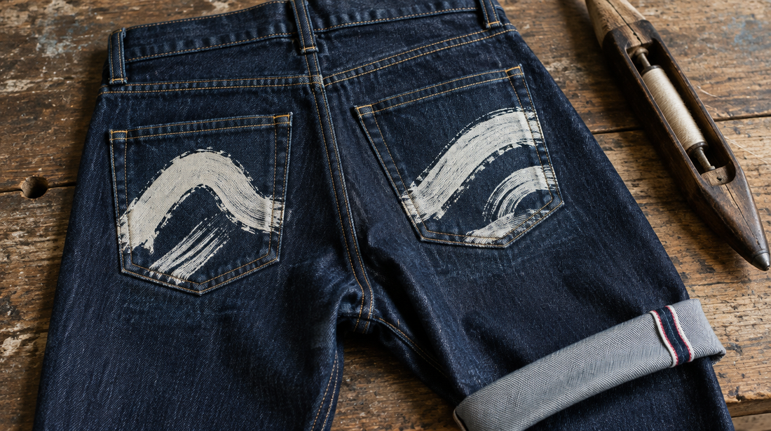 The back of indigo selvedge jeans with hand-painted white brushstrokes on the pockets and a red selvedge cuff on a wooden workbench