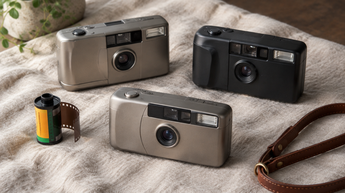 Three premium 1990s compact film cameras in titanium and matte black on a linen cloth with a roll of colour film