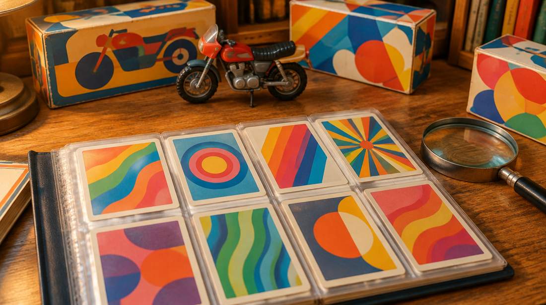 A 1970s-style collector's desk with sleeved trading cards in abstract colours, a toy motorcycle and retro toy boxes