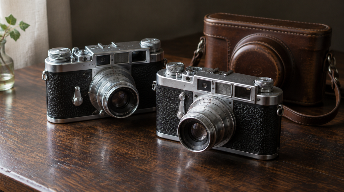 Two vintage 1950s Japanese 35mm rangefinder cameras in chrome and black leatherette beside a leather case on a dark wooden table
